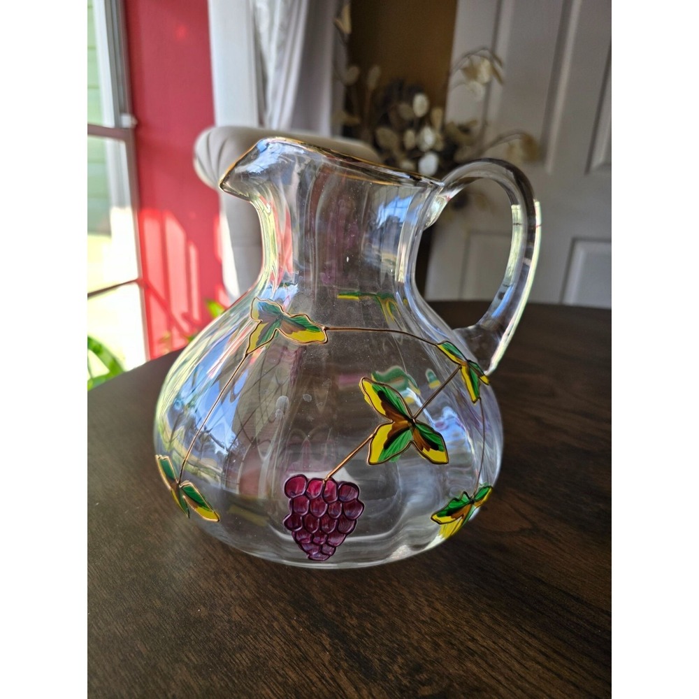 Hand-Painted Glass Pitcher With Grapes & Leaves Design made in Romania